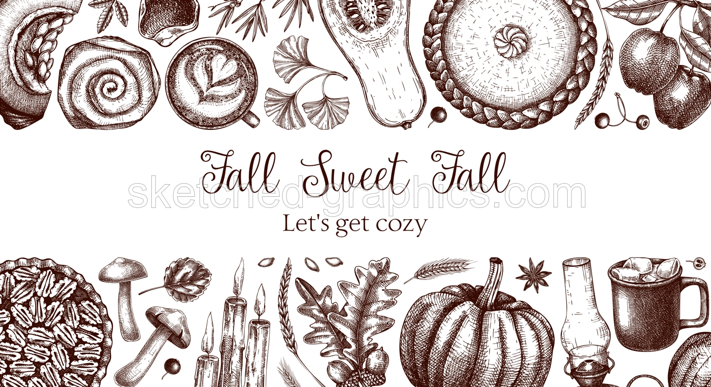 Vintage autumn frame design template. Hand-drawn vector illustration. Pumpkin, hot drink, fruit, pie, pastry, fall leaves sketches. Thanksgiving background in engraved style Illustration